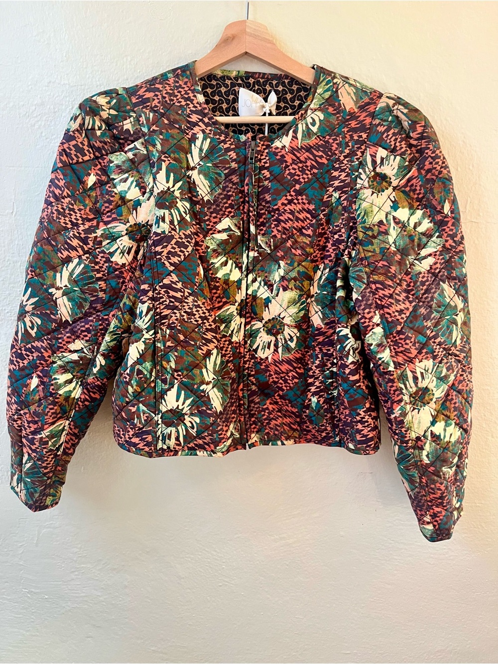 Ulla Johnson Quilted Floral Cropped Jacket in Green and Pink